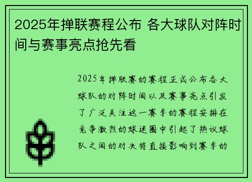 2025年掸联赛程公布 各大球队对阵时间与赛事亮点抢先看