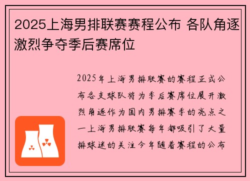 2025上海男排联赛赛程公布 各队角逐激烈争夺季后赛席位