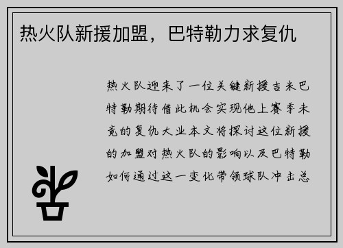 热火队新援加盟，巴特勒力求复仇