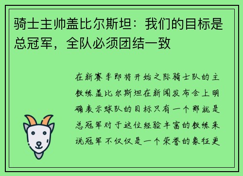 骑士主帅盖比尔斯坦：我们的目标是总冠军，全队必须团结一致