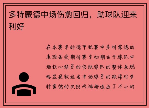 多特蒙德中场伤愈回归，助球队迎来利好